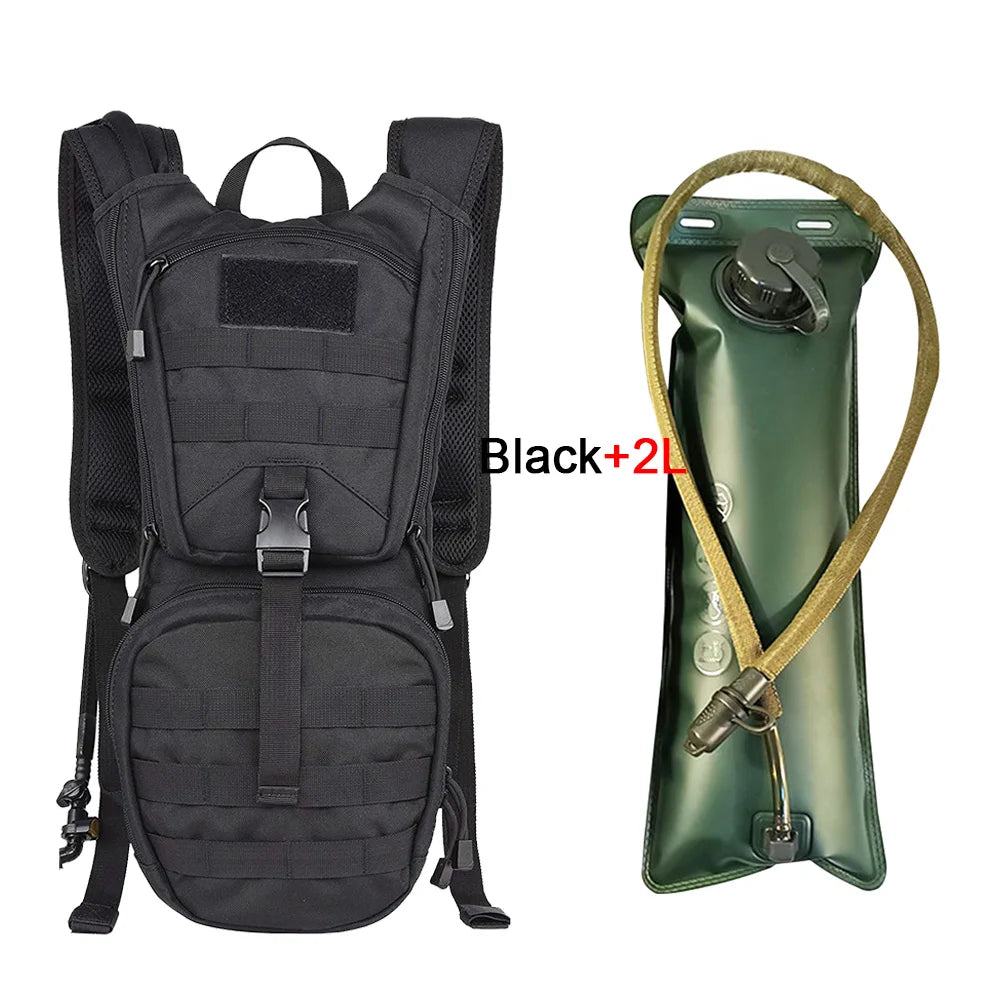 Black 2-in-1 hydration backpack with 3L water bladder from Corporación Turística, designed for outdoor activities and running.