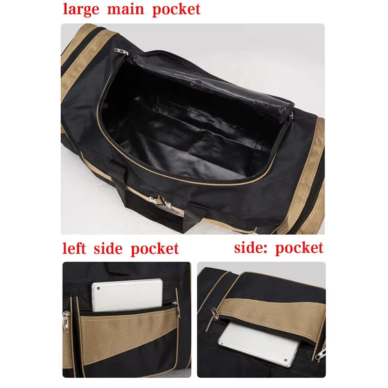 Large black travel duffel bag from Corporación Turística, ideal for camping, gym, or travel use with spacious design.