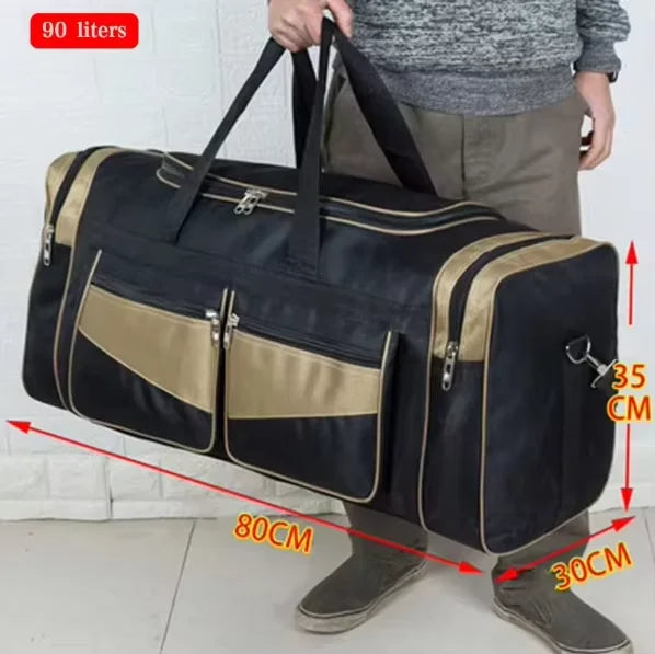 Large black travel duffel bag by Corporación Turística, ideal for camping, gym, and travel storage.