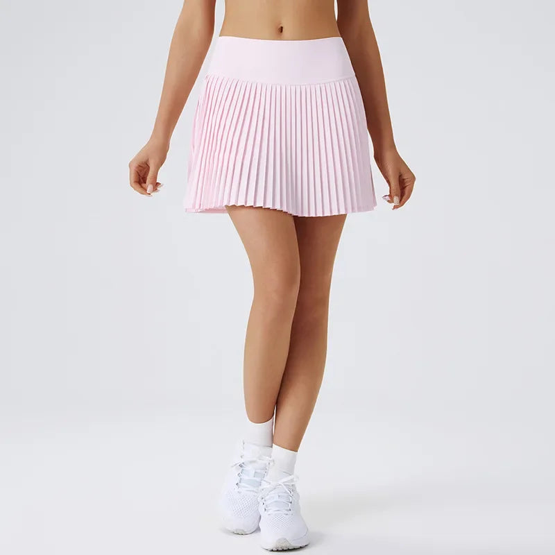 Black sexy yoga shorts with a pleated skirt design from Corporación Turística, ideal for fitness and active wear.