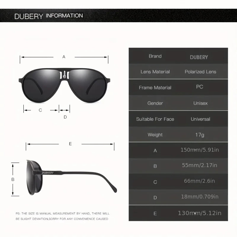 Black polarized sunglasses with UV400 protection by Dubery, featuring sleek design and tinted lenses for eye protection.