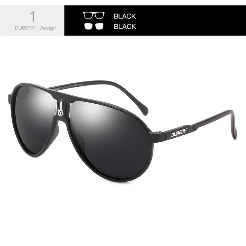 Black DUBERY polarized sunglasses with UV400 protection from Corporación Turística, featuring sleek design and tinted lenses.