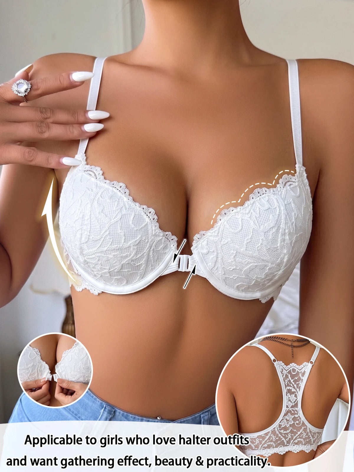 Elegant white floral lace women's bra with front closure, featuring adjustable straps and intricate lace detailing.