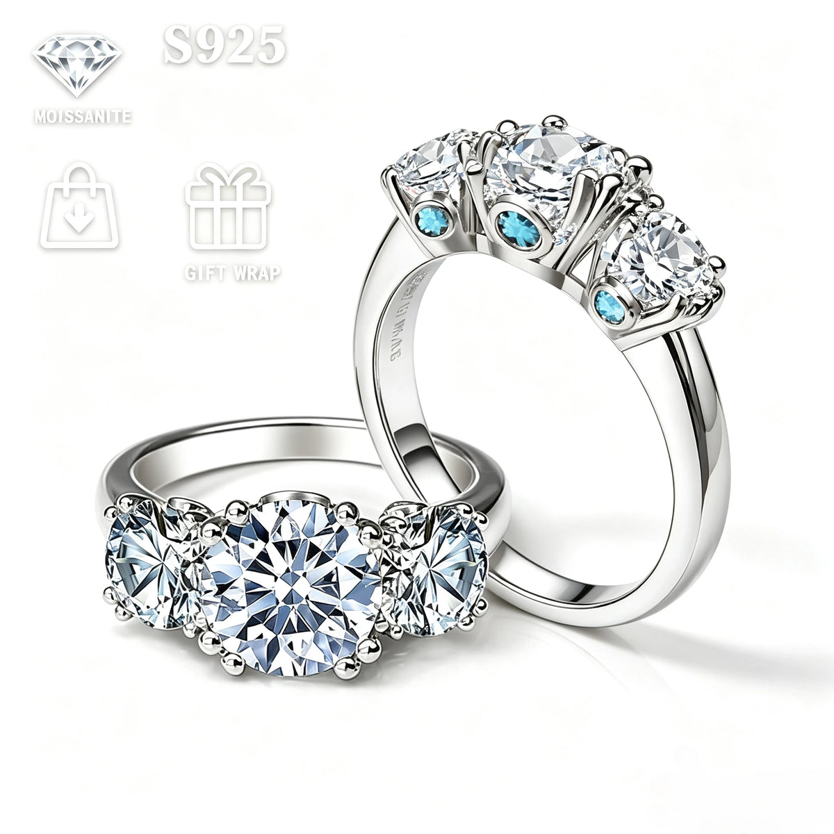 Silver S925 ring with moissanite gemstones, platinum-plated band, showcasing elegant jewelry design and craftsmanship.