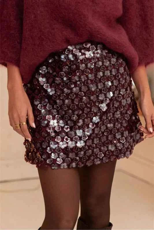 Shimmering cream-colored mini skirt with sequins for women, stylish and festive, by Corporación Turística.