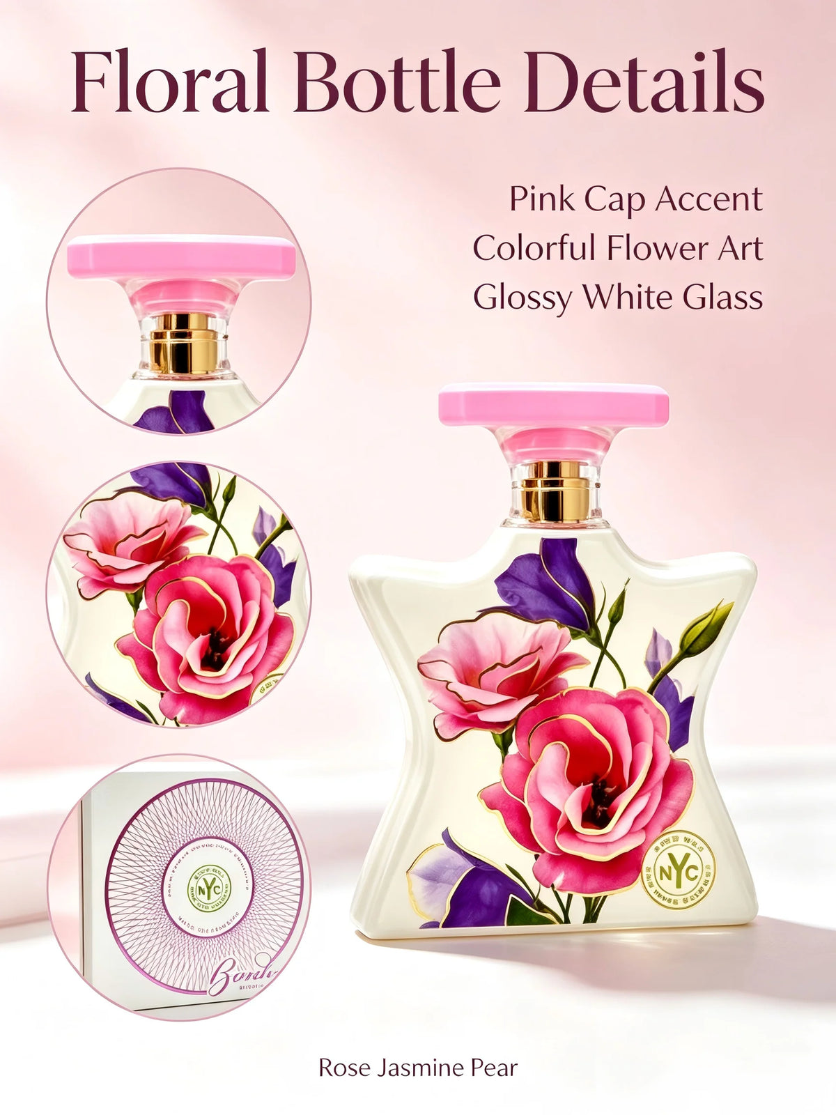 Bond No.9 New York Flowers EDP bottle, 100ml, with white packaging and floral design, by Corporación Turística.