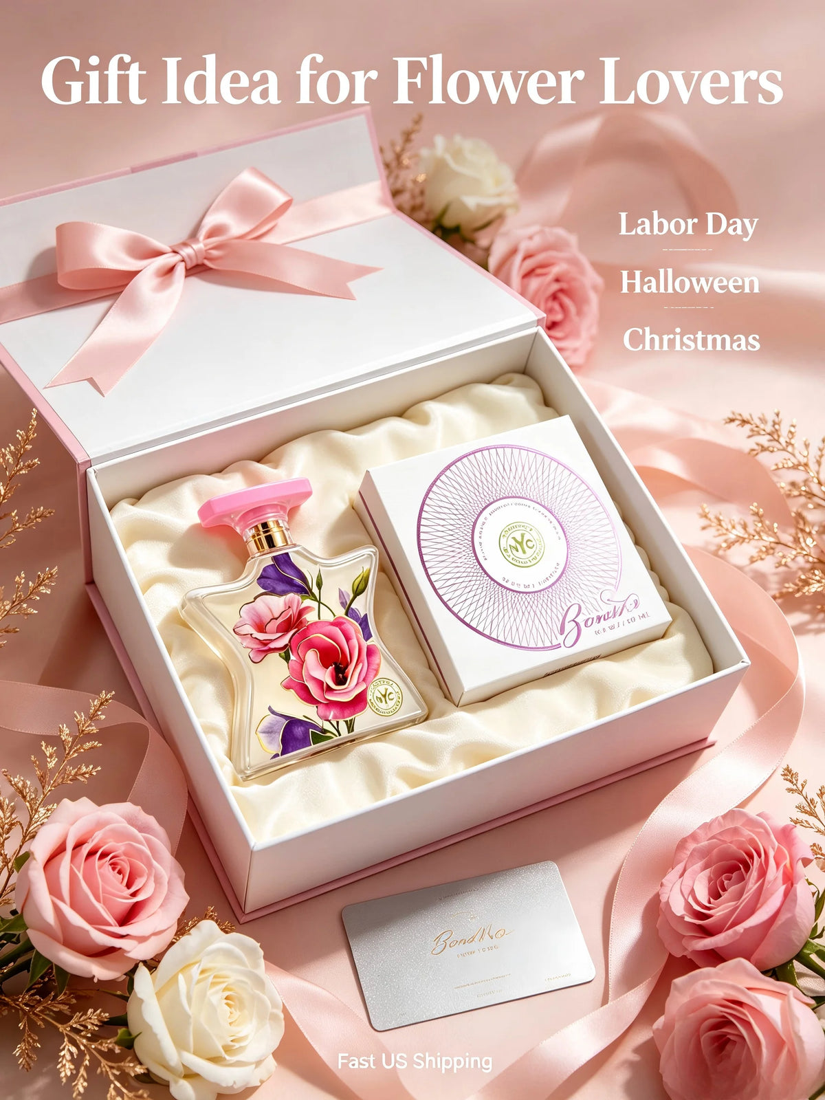 Bond No.9 New York Flowers EDP perfume bottle, 100ml, with floral design, showcasing the elegant packaging and branding.