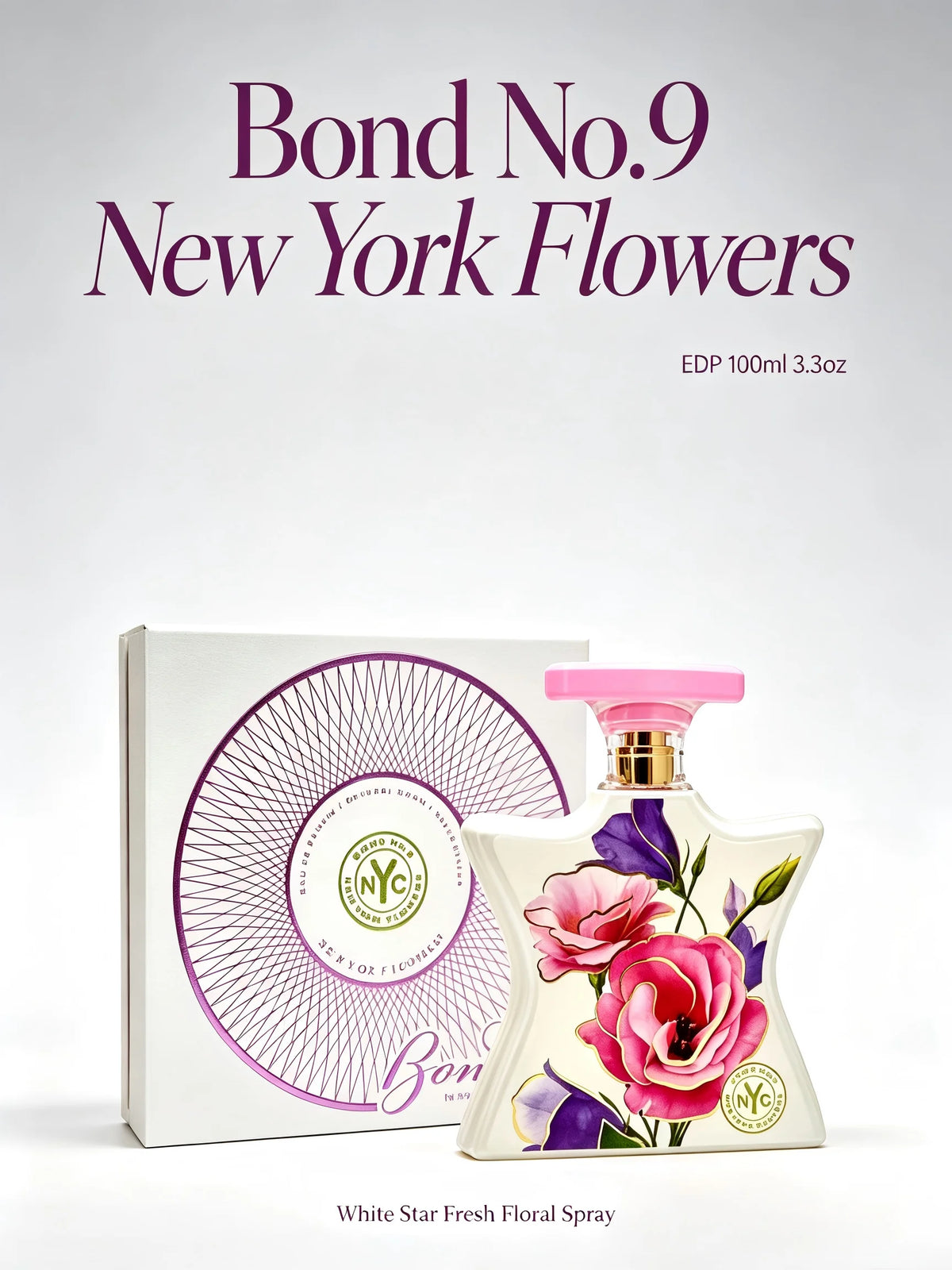 Bond No.9 New York Flowers EDP 100ml perfume bottle with white packaging, featuring floral design and branding details.