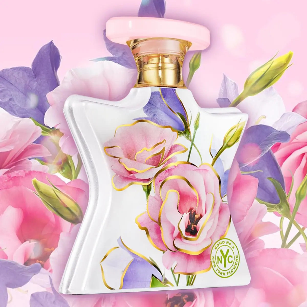 Bond No.9 New York Flowers EDP perfume bottle, 100ml, with sleek design and floral branding on a white background.