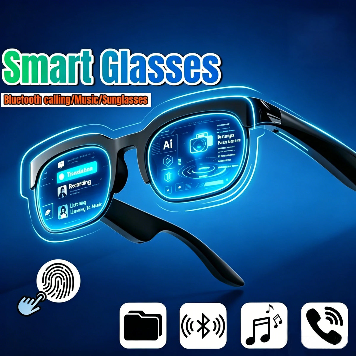 Corporaicón Turística smart glasses 2026 with AI translation, Bluetooth connectivity, white frame, modern design.
