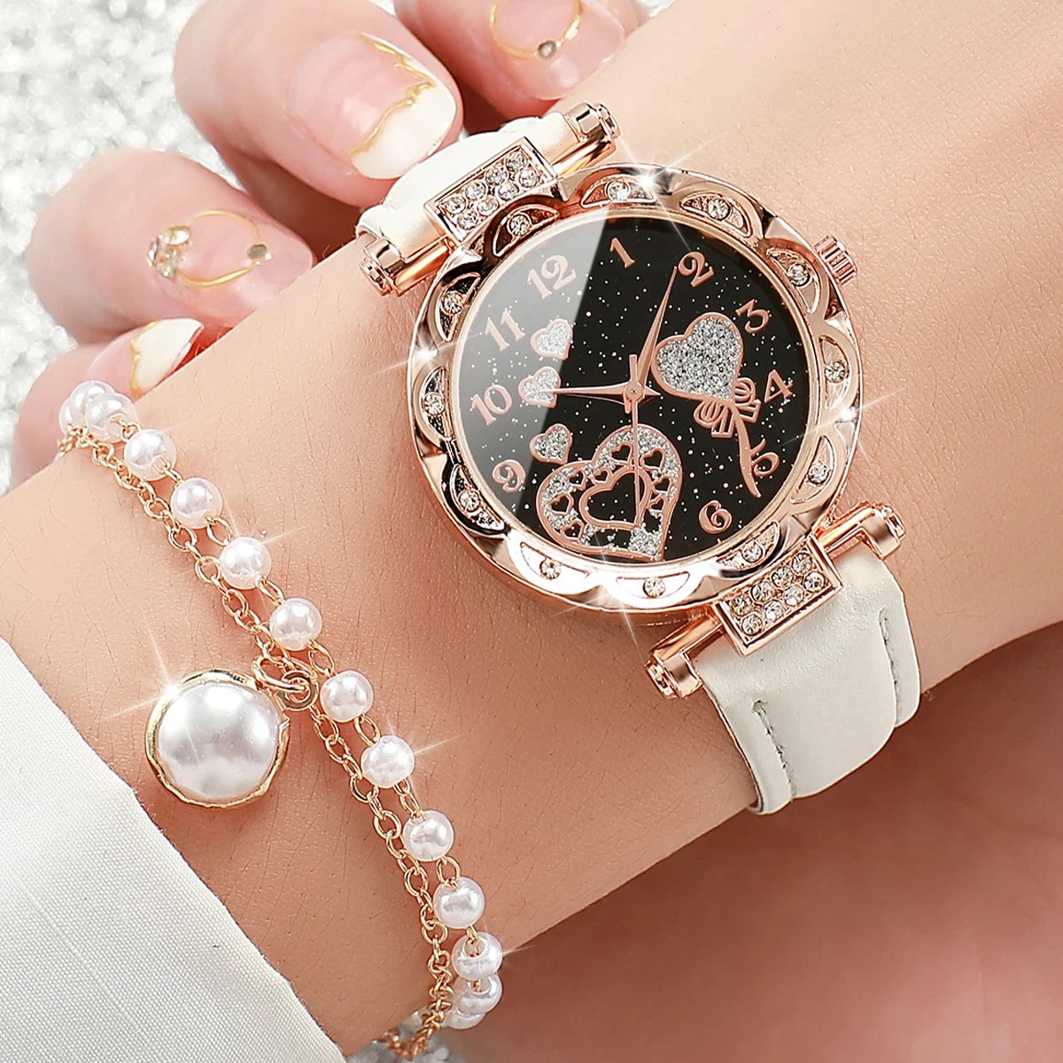 Set of 4 quartz watches with diamond accents by Corporación Turística, featuring elegant white watch faces and sleek designs.