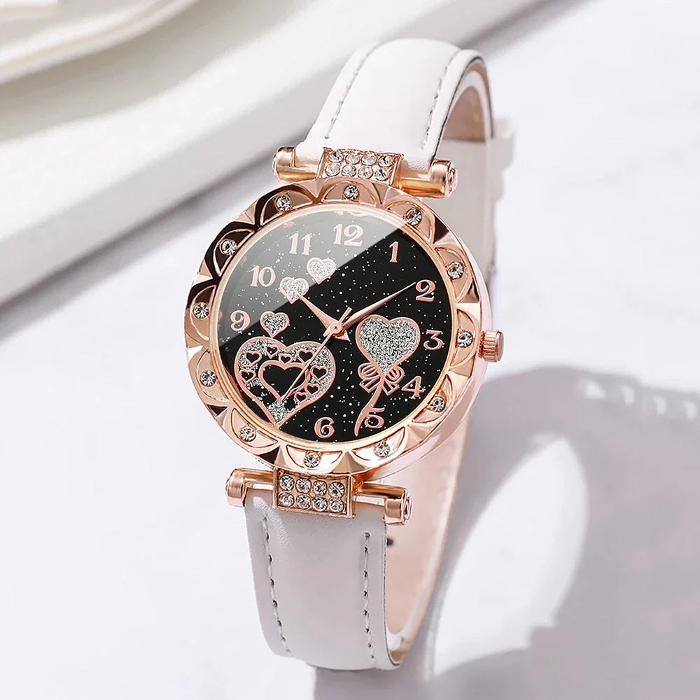 Set of 4 white quartz watches with diamond accents by Corporación Turística, showcasing elegant watch faces and sleek straps.