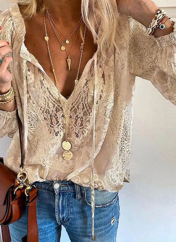 White women's spring-summer boho lace blouse by Corporación Turística, featuring a loose fit and stylish design.