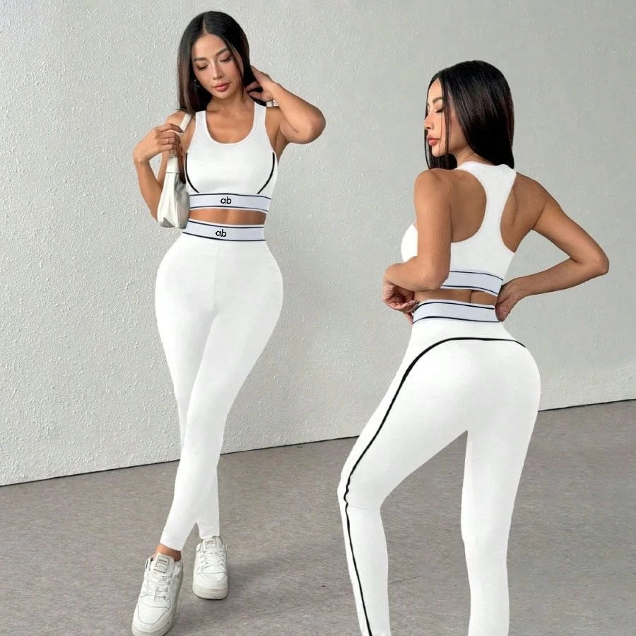 White 2-piece yoga set for women by Corporación Turística, featuring European style, comfortable fit, and stylish design.