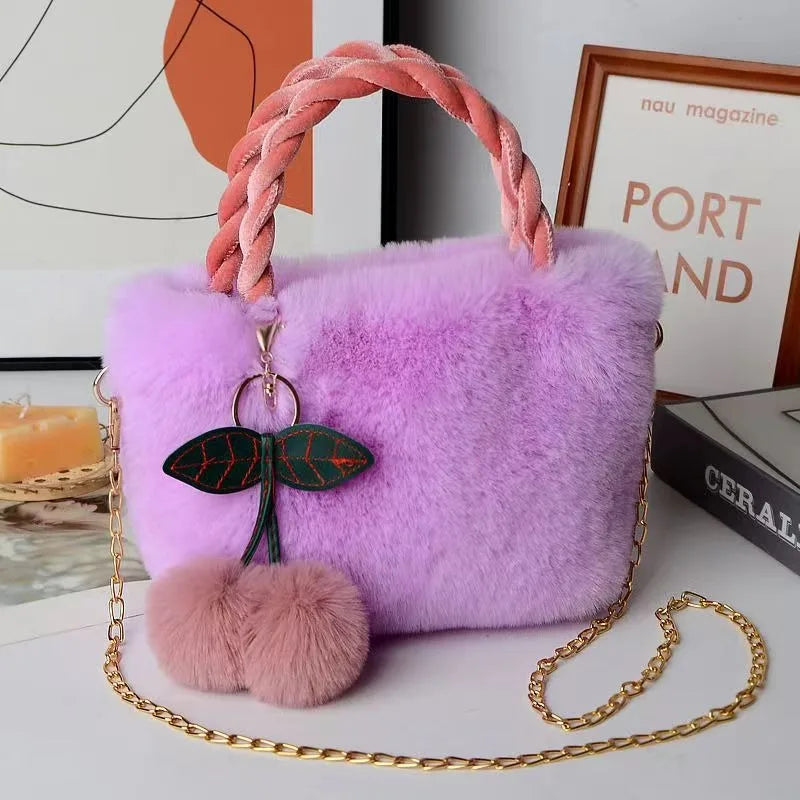 White fuzzy fashion handbag for women, hand-held tote bag by Corporación Turística, featuring soft plush material and stylish design.