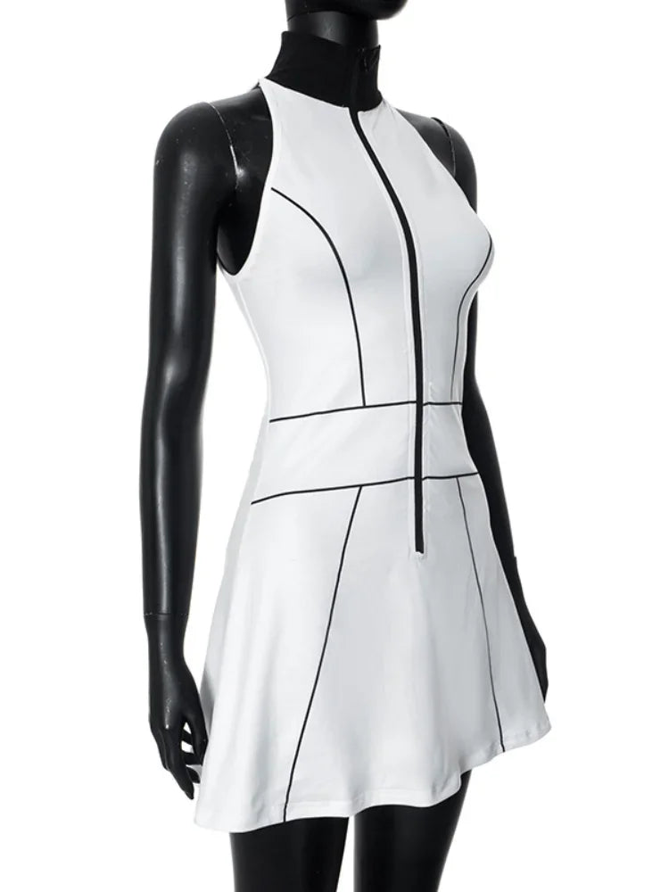 White striped empire waist dress with zipper from Corporación Turística, featuring a stylish, flowy design and a comfortable fit.