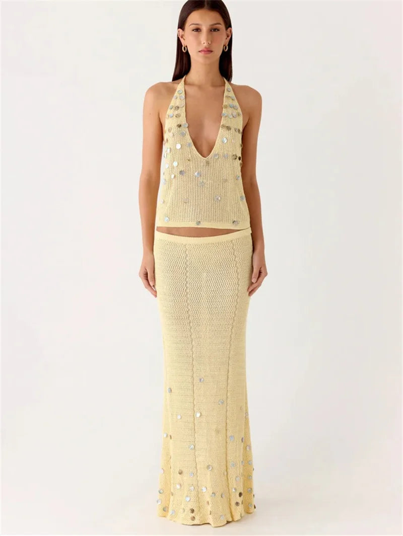 White women's bodycon skirt and top set with sequin embellishments, stylish ensemble by Corporación Turística.