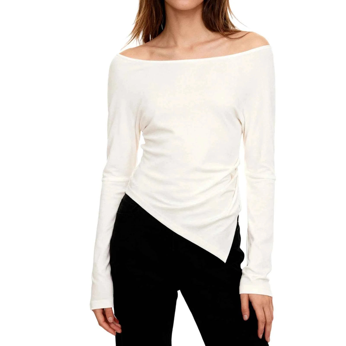 White women's irregular crop top from Corporación Turística, suitable for yoga, exercise, and sports activities.