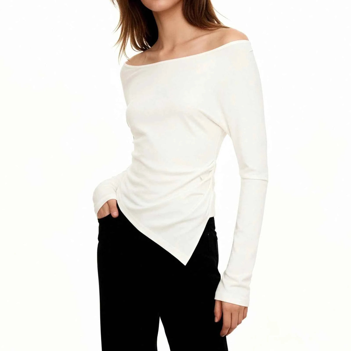 White irregular crop top for women, ideal for yoga, exercise, and sports, by Corporación Turística.