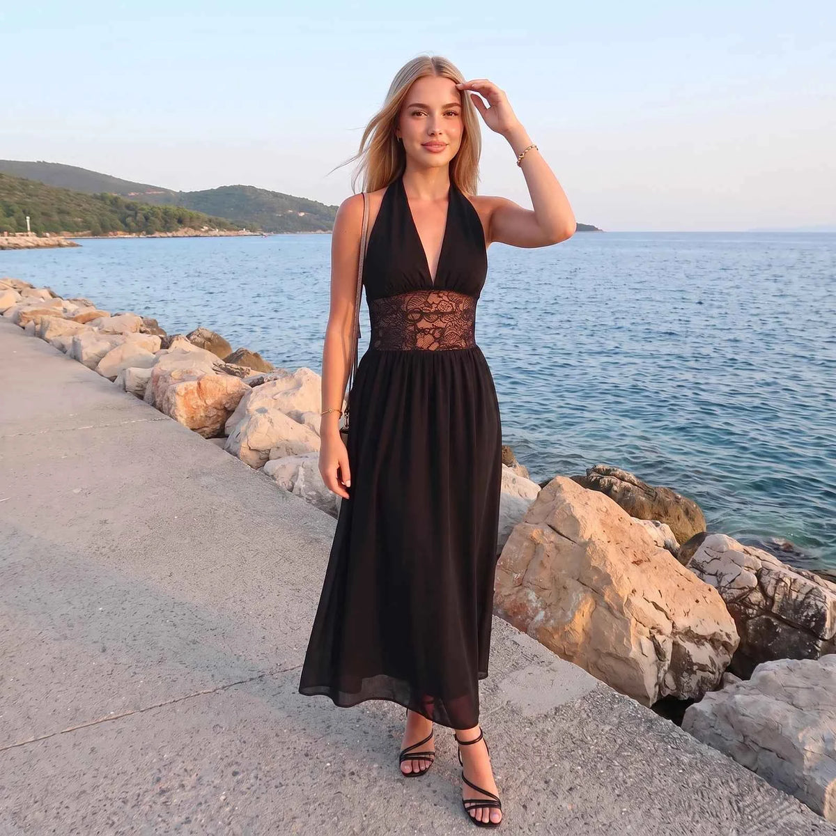 Elegant white halter long dress for women by Corporación Turística, sleeveless and stylish for formal occasions.