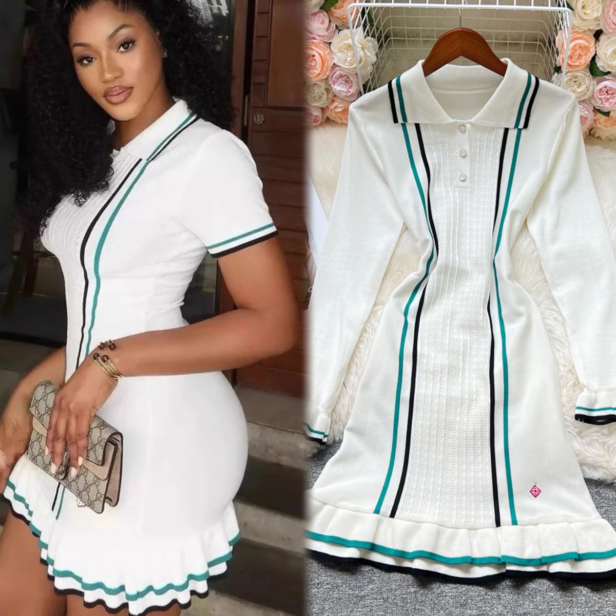 White YuooMuoo mini woven dress for women, featuring a stylish, fitted design with long sleeves and a round neckline.