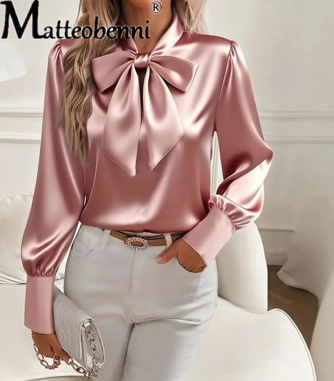 Elegant white satin blouse for women by Corporación Turística, stylish and fashionable satin shirt with long sleeves.