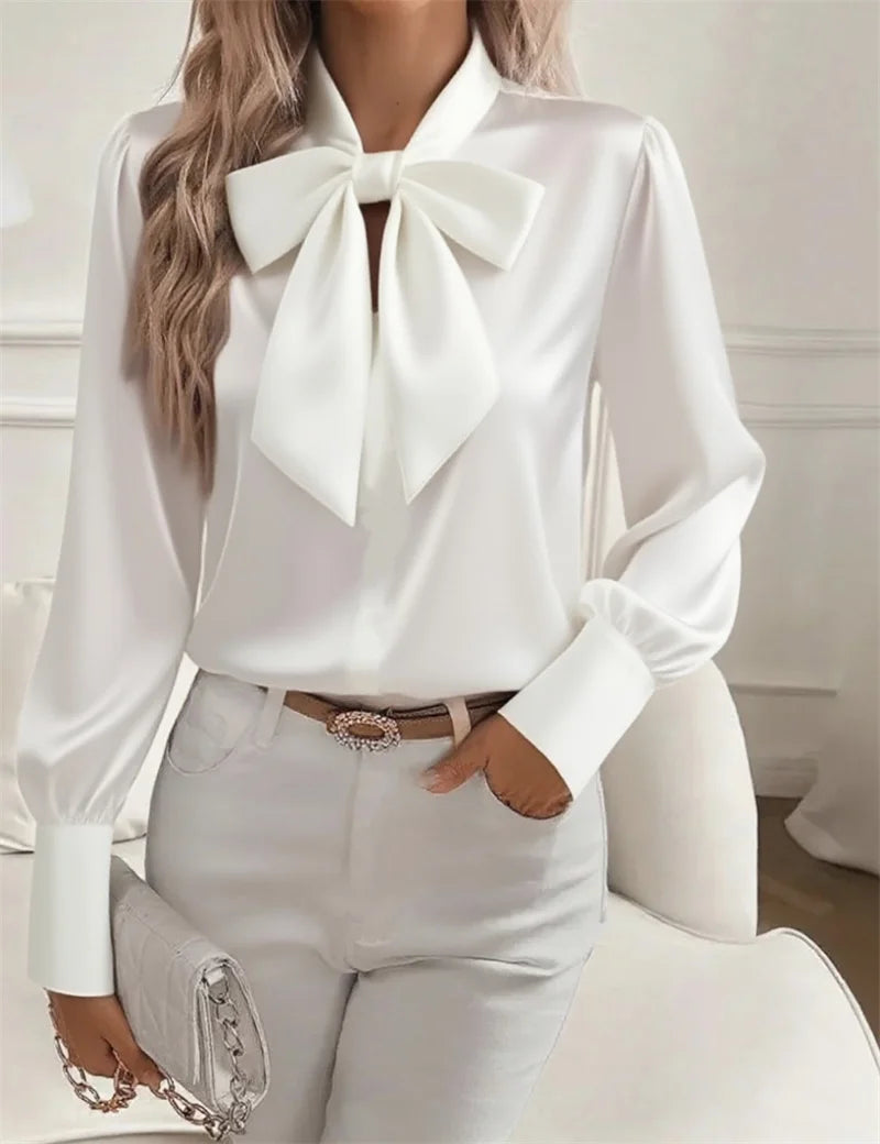 Elegant white satin blouse for women from Corporación Turística, stylish and fashionable, shown in an XL size.