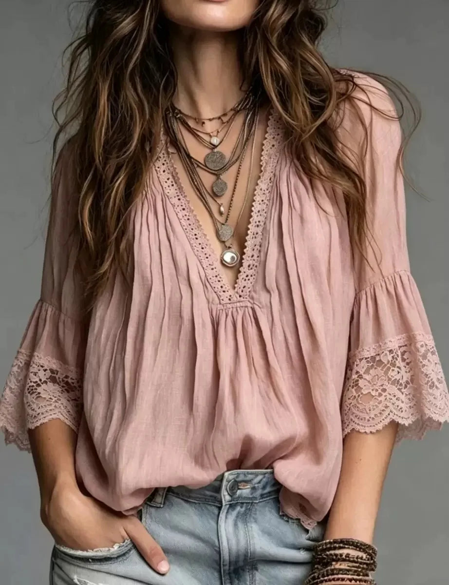White bohemian V-neck blouse for women, European style, from Corporación Turística, shown in size XXXL on a model.
