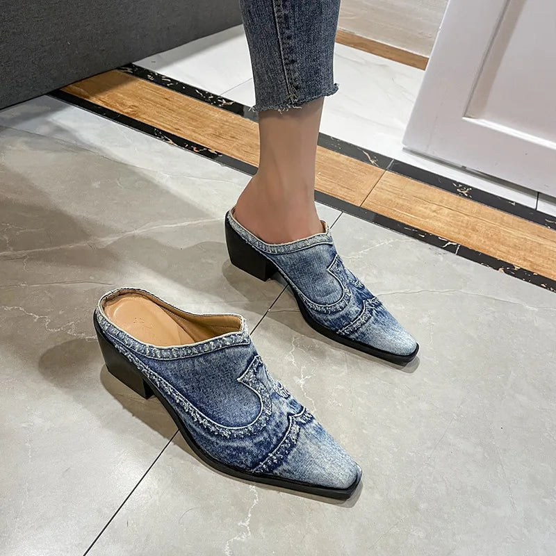 Blue denim casual sneakers and block heel sandals from Corporación Turística, showing the comfortable fabric and stylish design.