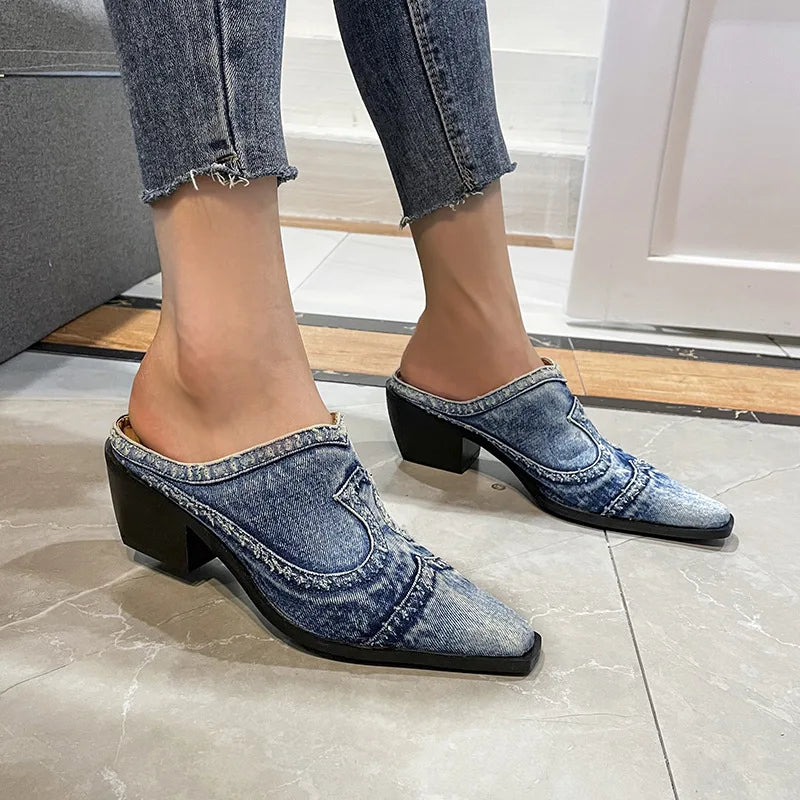 Blue denim casual sneakers and heeled sandals from Corporación Turística, featuring a stylish mix of footwear options.