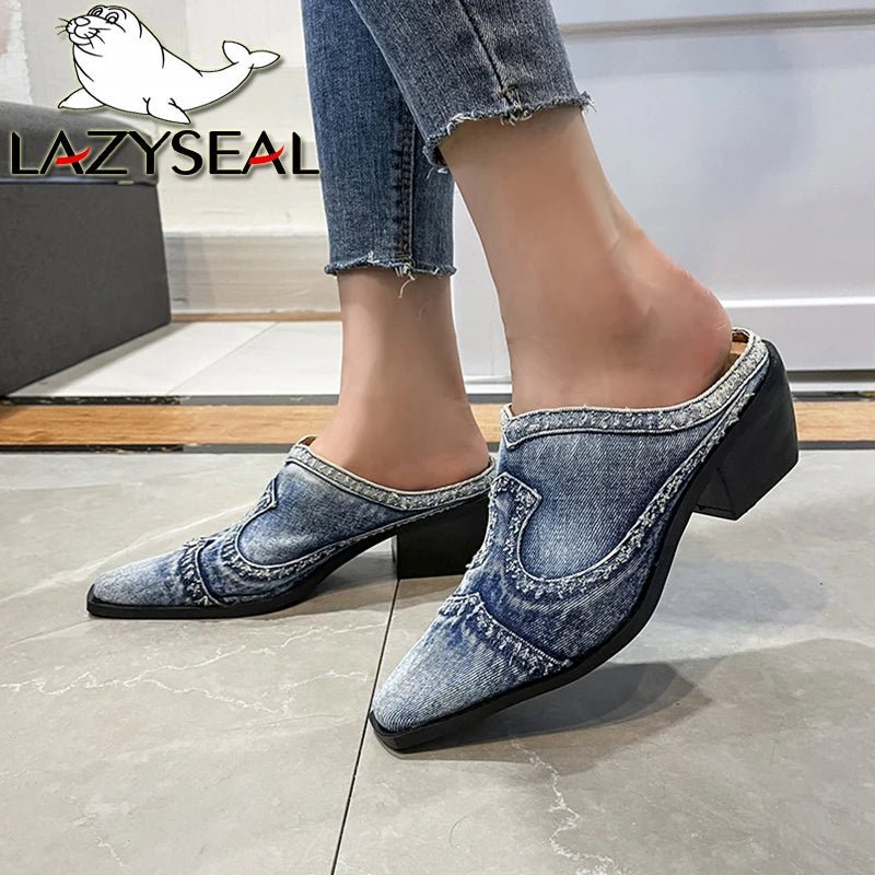 Blue LazySeal denim fabric sneakers with a square heel from Corporación Turística, showcasing casual shoe style and textured material.