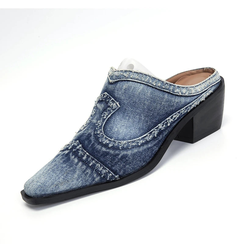 Blue LazySeal denim fabric sneakers with square heels by Corporación Turística, featuring casual slip-on design and trendy style.