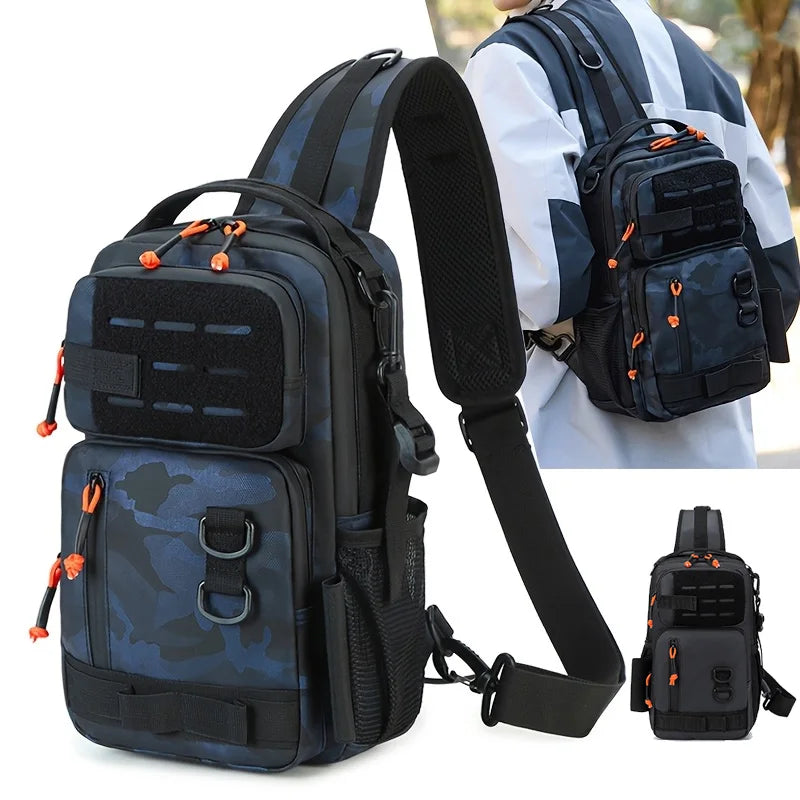 Blue camouflage tactical fishing bait pouch with shoulder strap and accessory compartments, designed for anglers.