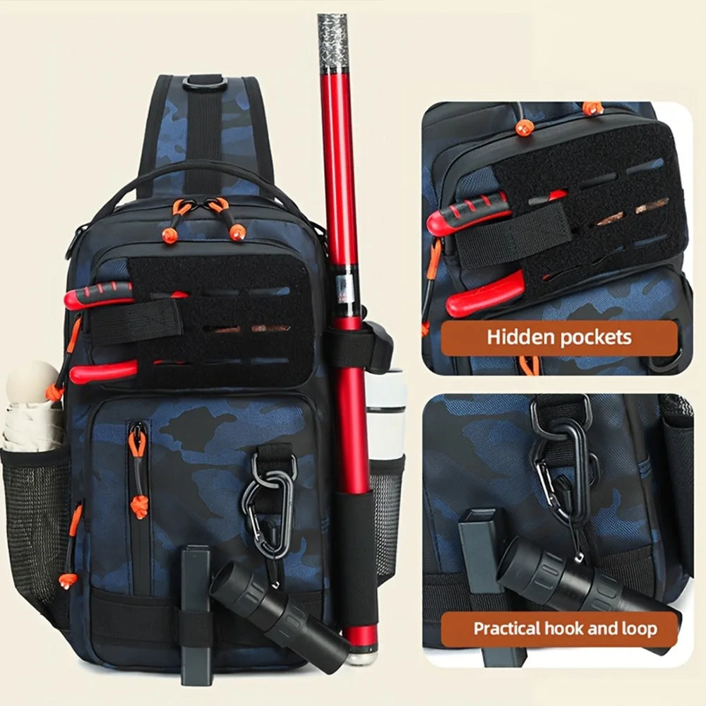 Blue camouflage tactical fishing bait chest bag with adjustable straps and multiple compartments for fishing accessories.
