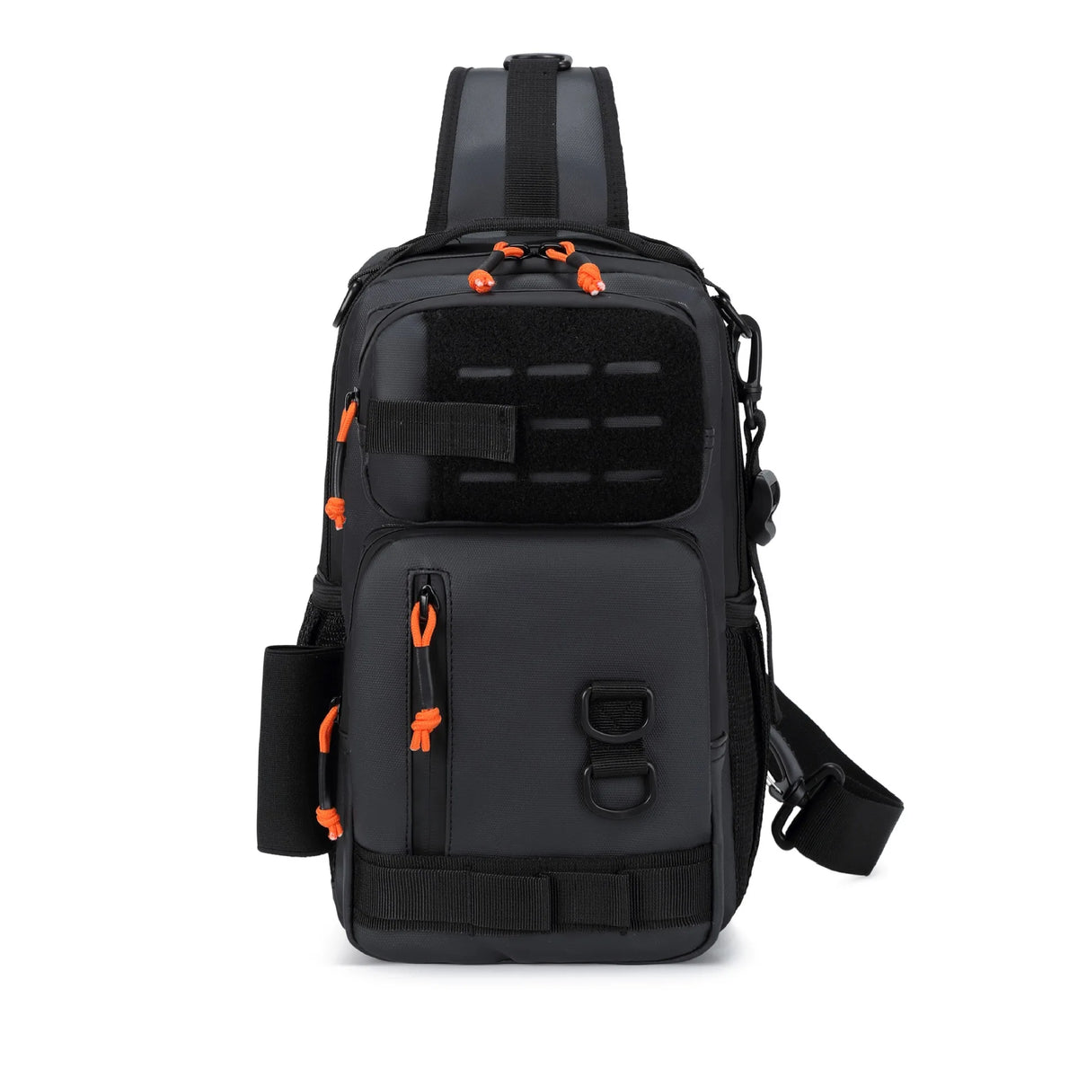 Blue camouflage tactical fishing bait chest bag with fishing accessories, designed for outdoor fishing trips.