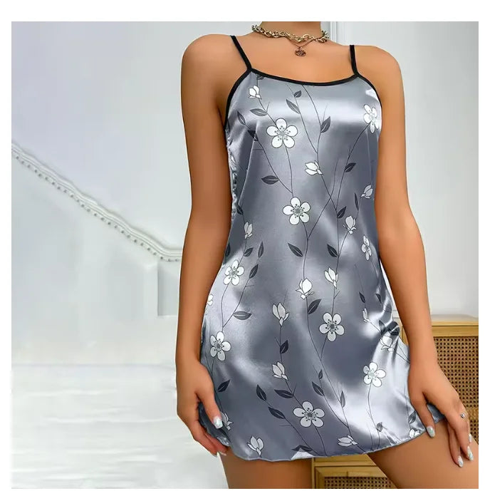 Blue-grey satin women's sleepwear camisón with printed design, comfortable and stylish nightwear by Corporación Turística.