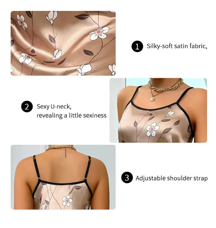 Blue and grey satin women's sleepwear camisón with floral print, made by Corporación Turística, soft and comfortable for nightwear.