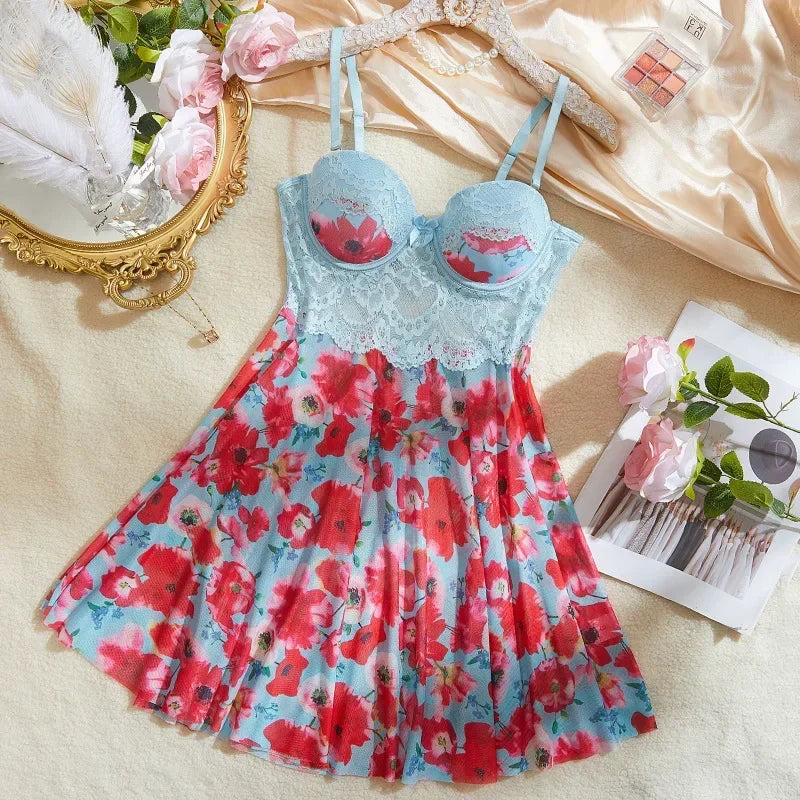 Blue floral print sexy women's camisón by Corporación Turística, floral lace lingerie, lightweight and comfortable sleepwear.