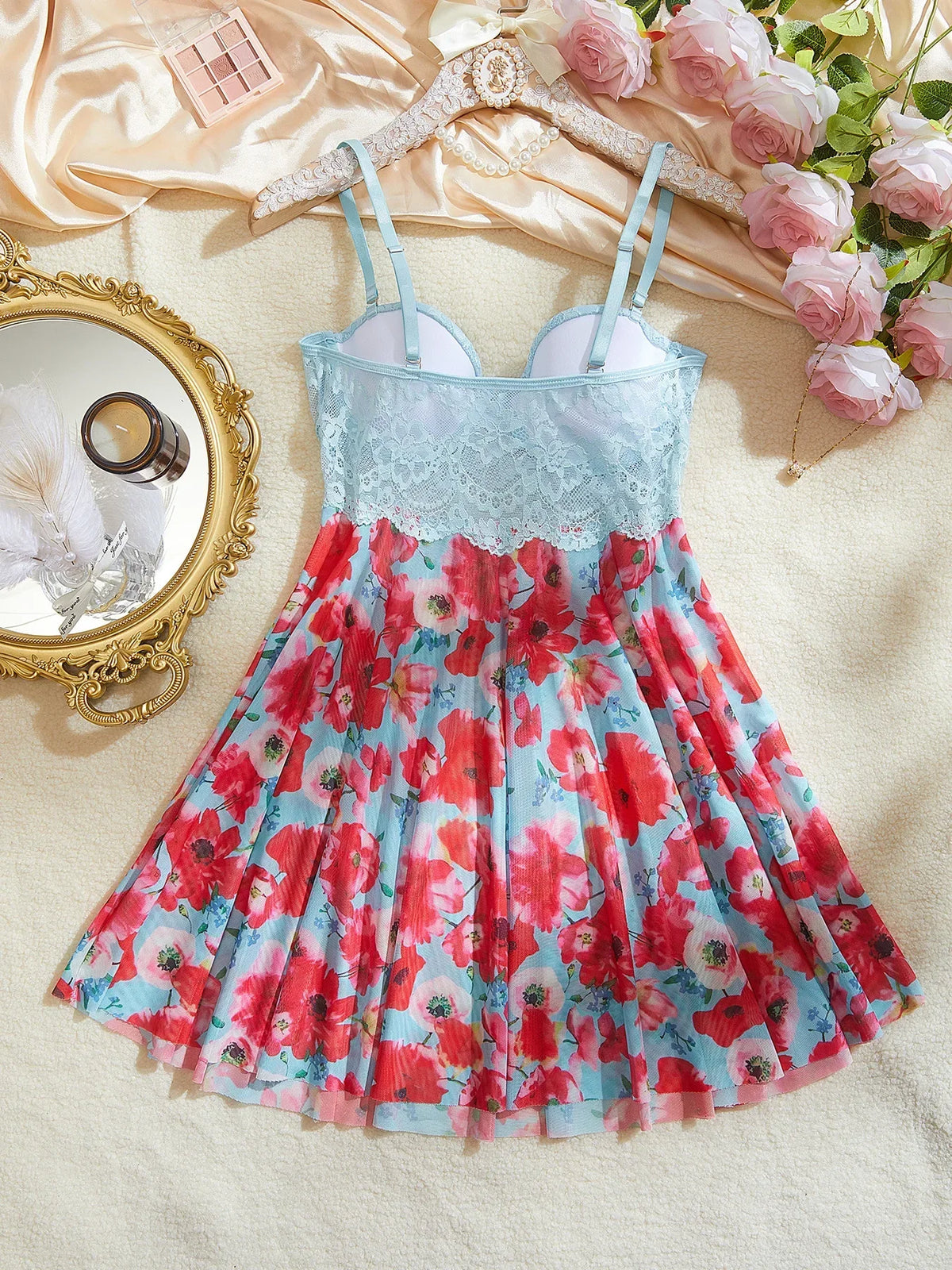Blue floral print sexy women's camisón by Corporación Turística, featuring lightweight lacy lingerie style and comfortable fit.
