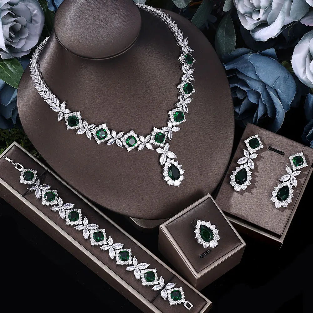 Blue and red bridal jewelry set with zirconia from Corporación Turística, featuring a necklace and earrings, adjustable length.