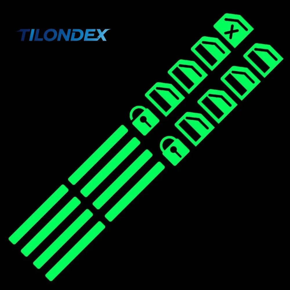 Set of 18 luminous button stickers by TILONDEX, ideal for vehicle dashboard buttons, in blue with clear, bright labels.