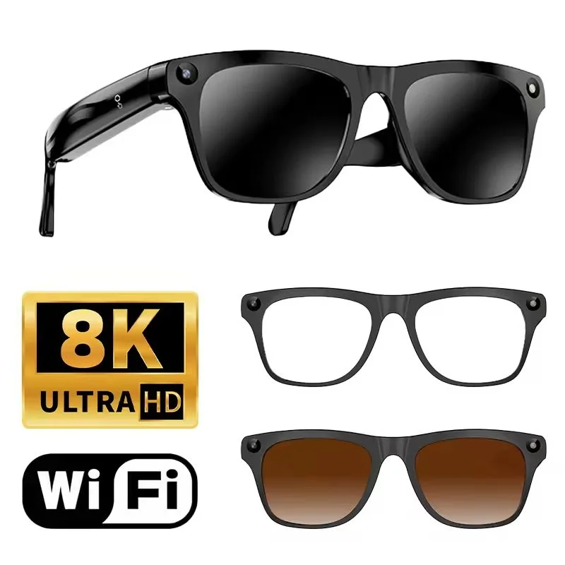 Blue smart glasses with AI enhancements and three lenses, featuring a built-in camera, by Corporación Turística.