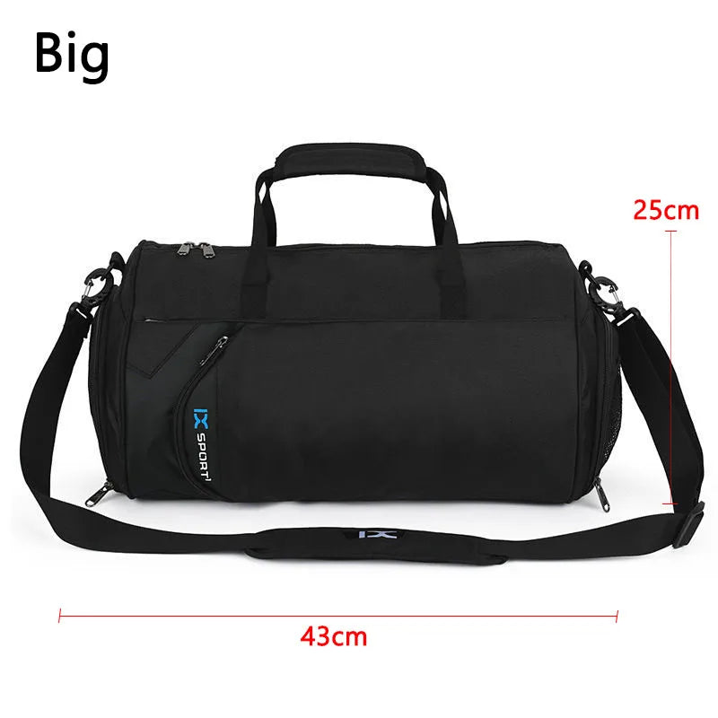 Blue men's gym bag from Corporación Turística with separate dry and wet compartments, ideal for sports and fitness activities.