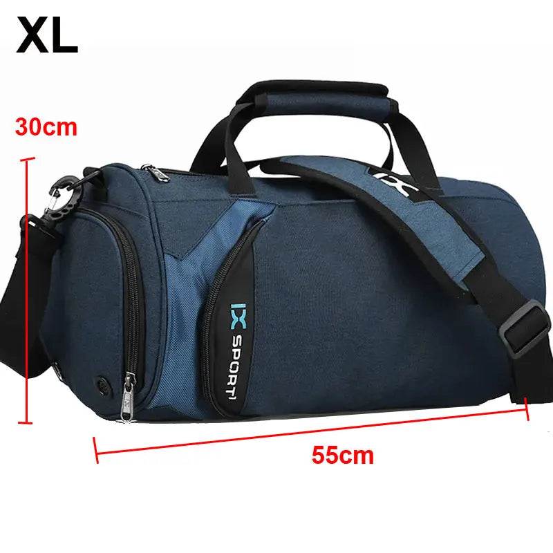 Blue men's gym bag by Corporación Turística with separate wet and dry compartments, large size, suitable for workout essentials.