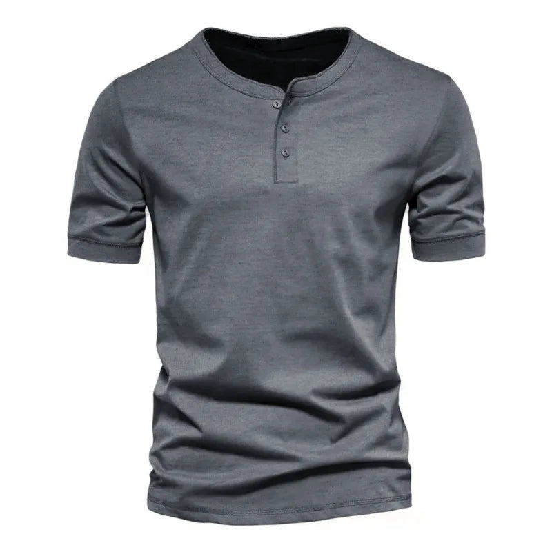 Men's solid-colored Henley T-shirt by Corporación Turística, short sleeve, breathable summer casual shirt with crew neck.