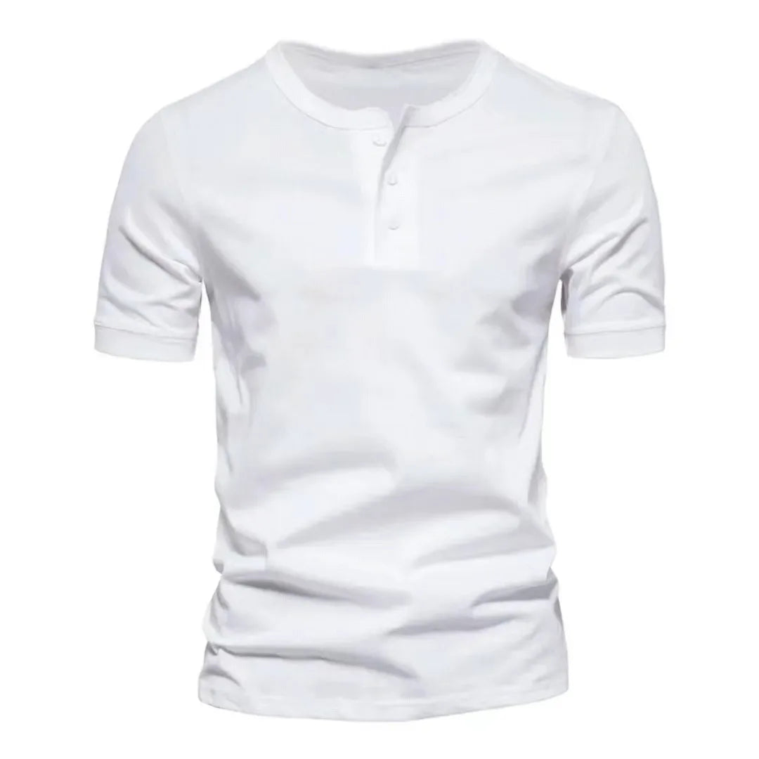 Men's solid color Henley T-shirt from Corporación Turística, short sleeve, breathable, casual summer shirt with a Henry collar.