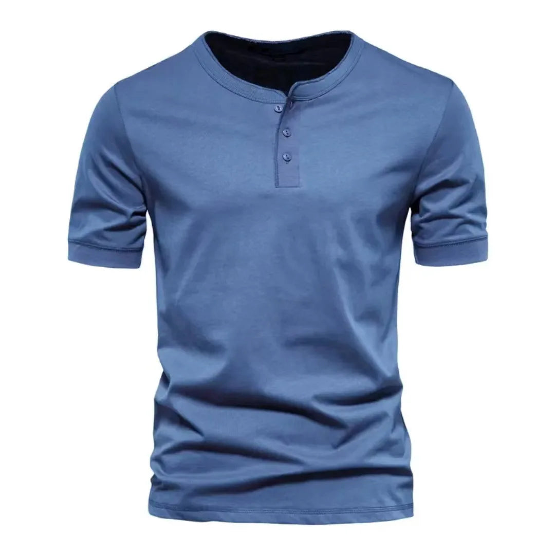 Men's solid color Henley T-shirt by Corporación Turística, short sleeve, breathable, casual summer shirt with round neckline.