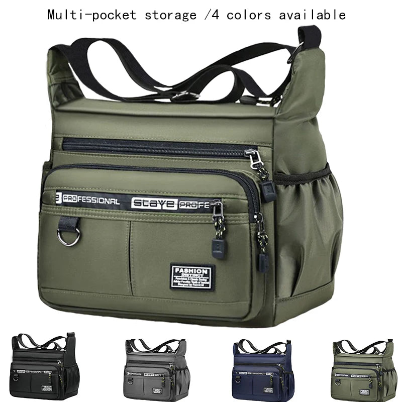 Black nylon men's multi-layer shoulder bag, ideal for business travel, featuring multiple compartments for organization.