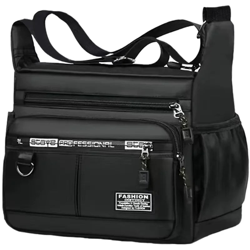 Black nylon men's shoulder bag with multiple layers, ideal for business travel, from Corporación Turística.