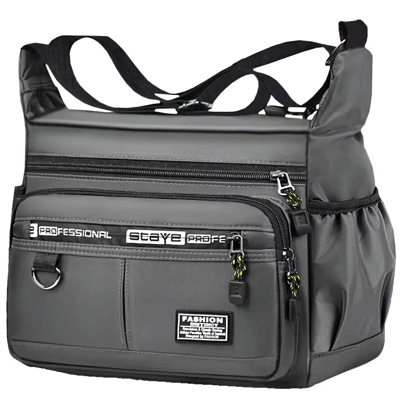 Black nylon men's shoulder bag, multi-layer design by Corporación Turística, ideal for business travel and everyday use.